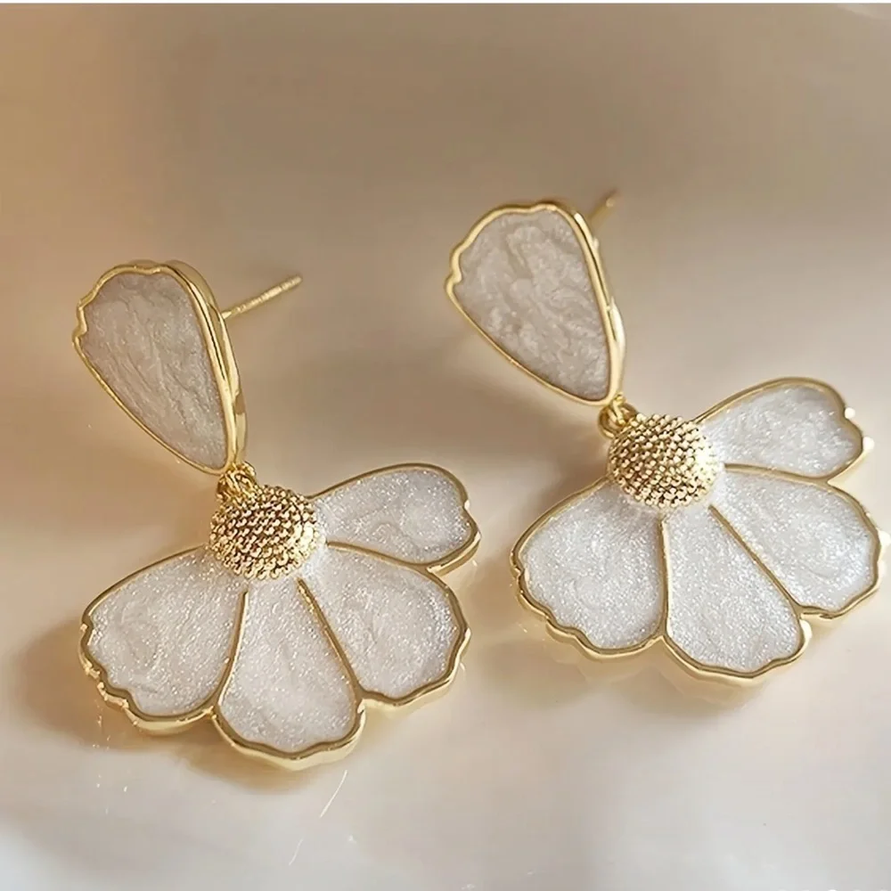 Gold Cream Floral Statement Earrings. Korean Style Layered Petal Dangle Earrings
